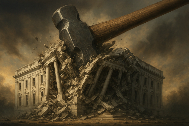 Government building collapsing under the weight of a huge hammer. 